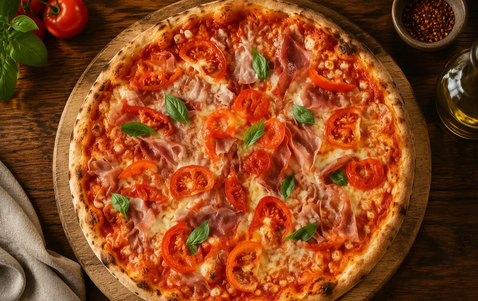 Pizza con pomodorini e prosciutto dal forno a legna